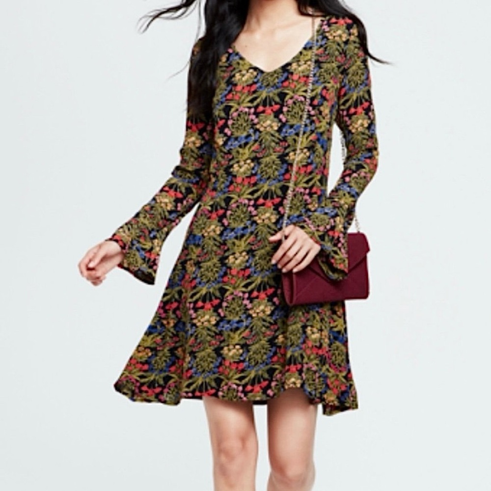 NWT Old Navy Floral Long Bell Sleeve Mini Dress Black‎ Green Pink Yellow 16 Tall